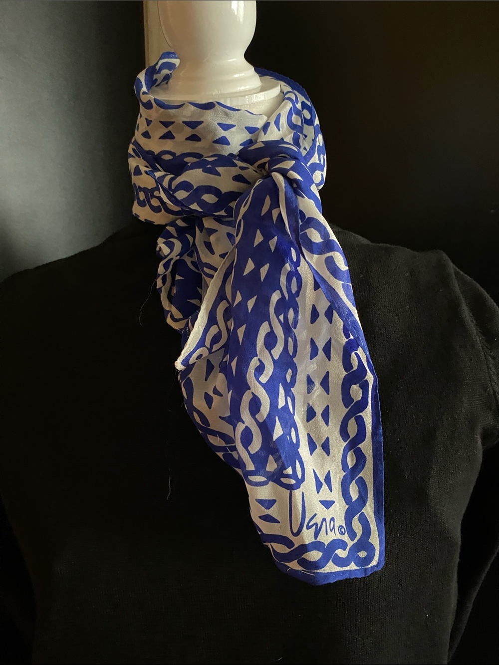 Vintage Vera Neumann Blue and white silk scarf